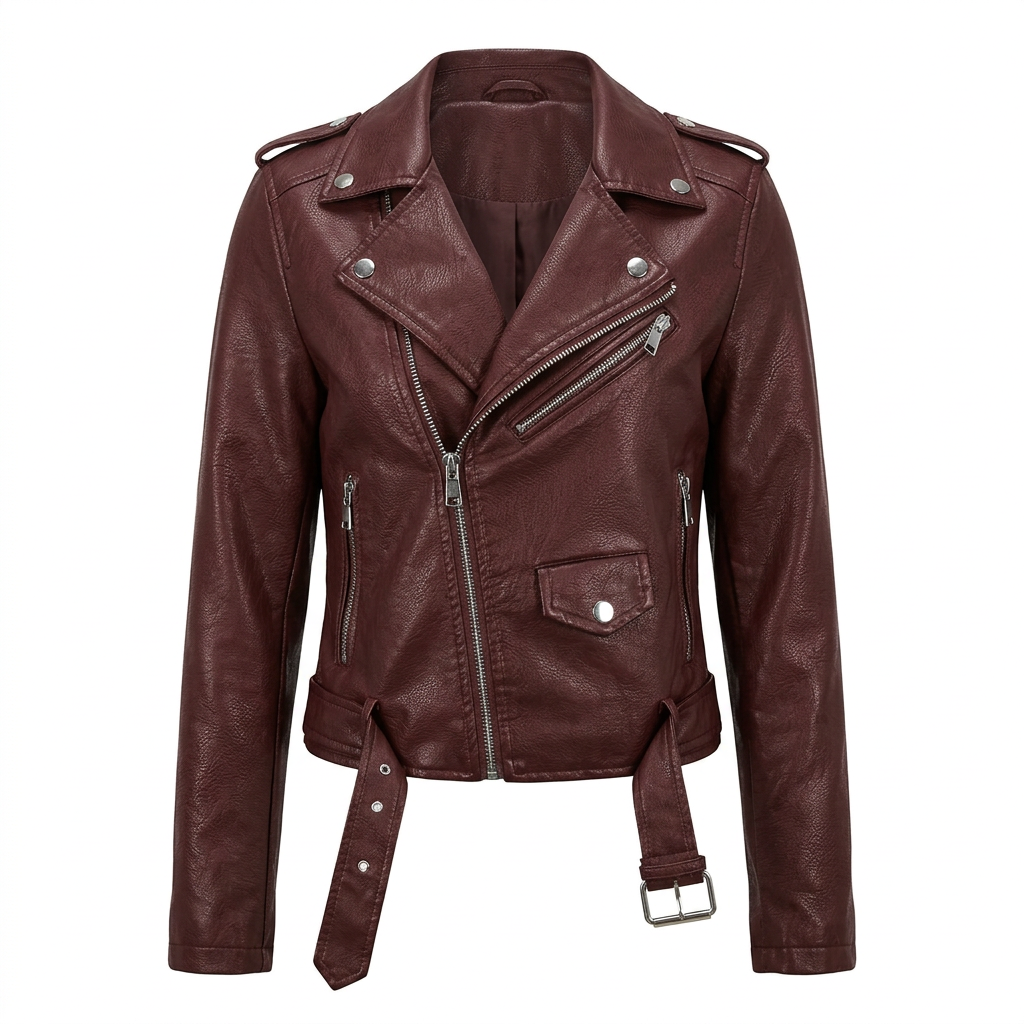 Women's faux leather biker jacket with asymmetrical zipper, edgy