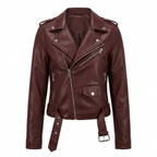 Women's faux leather biker jacket with asymmetrical zipper, edgy