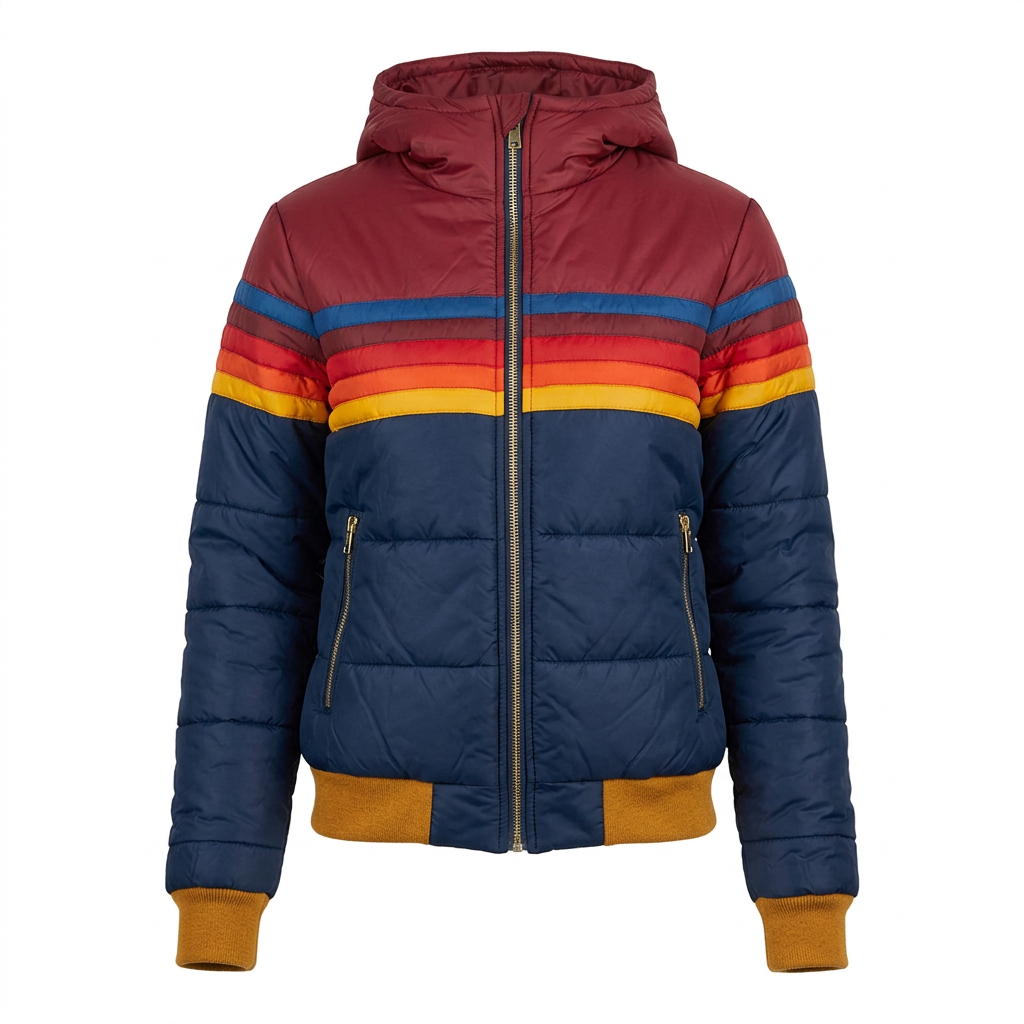 Dames puffer jas met retro colorblock