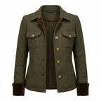 Women's Tweed Jacket with Herringbone Pattern and Gold Buttons