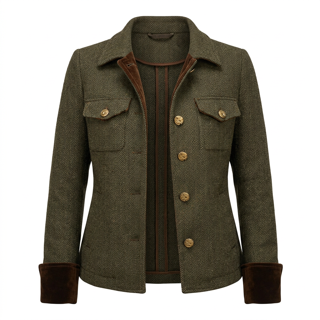 Dames tweed jas met visgraatpatroon en gouden knopen