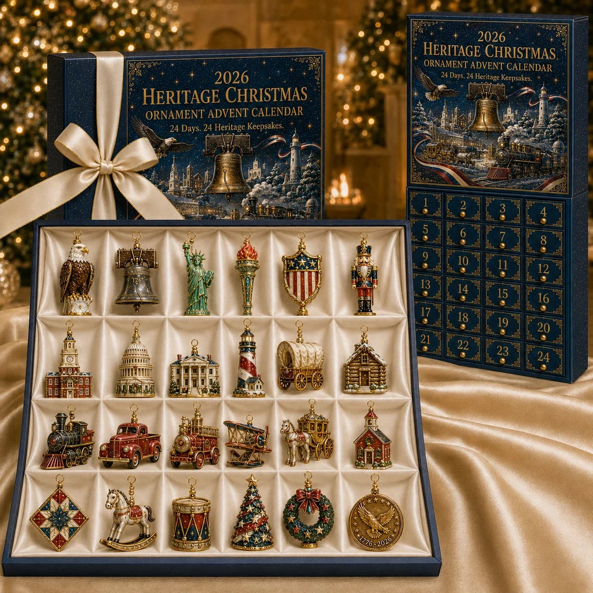 America 250 Adventskalender 2026 - 24 Amerikaanse Erfgoed Kerstornamenten