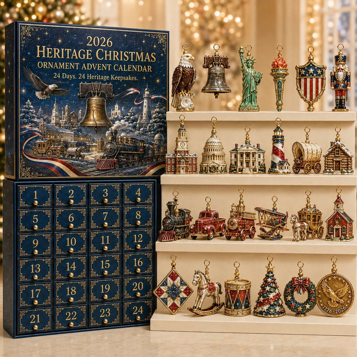 America 250 Adventskalender 2026 - 24 Amerikaanse Erfgoed Kerstornamenten