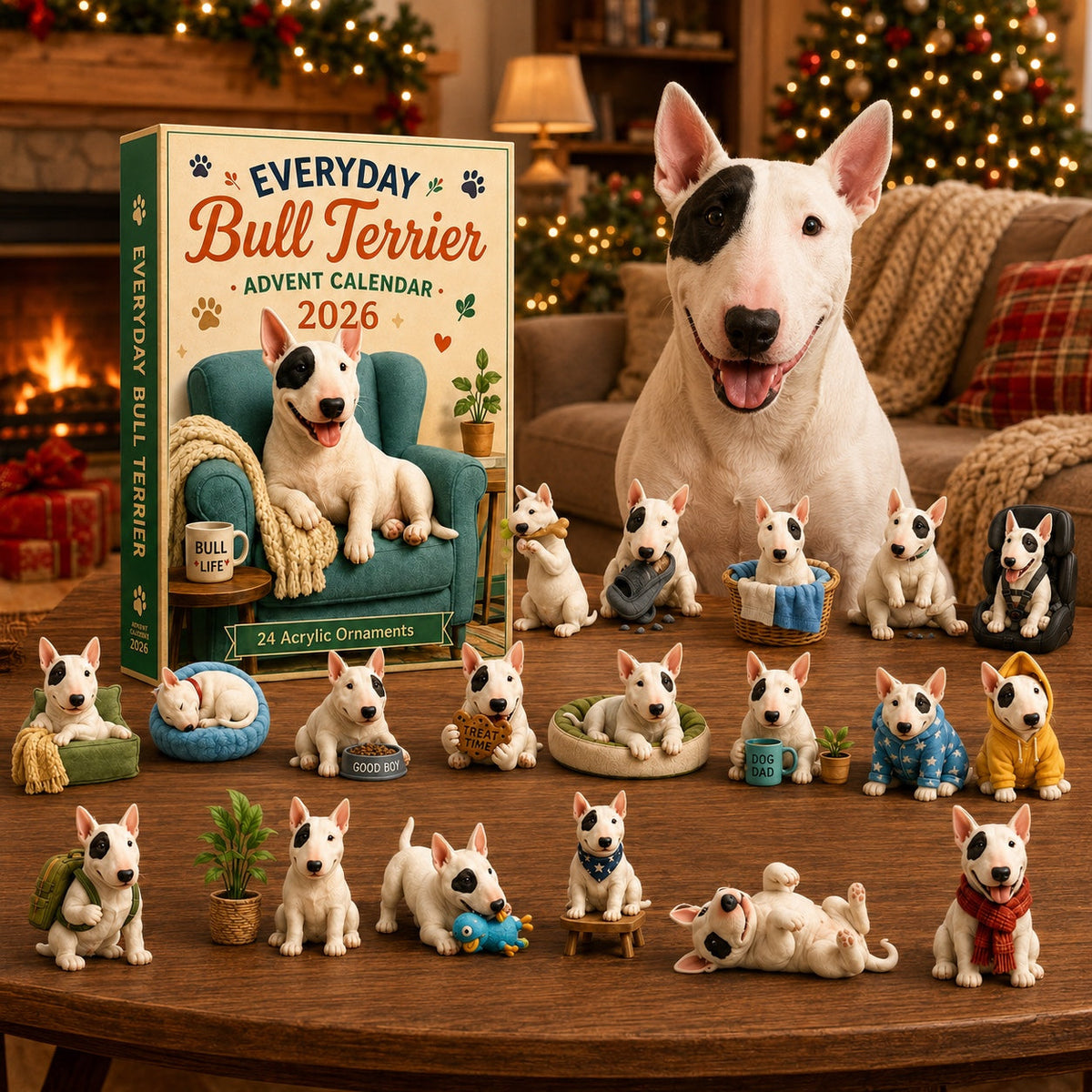 Bull Terrier Adventskalender 2026 - 24 Acryl Bull Terrier Ornamenten