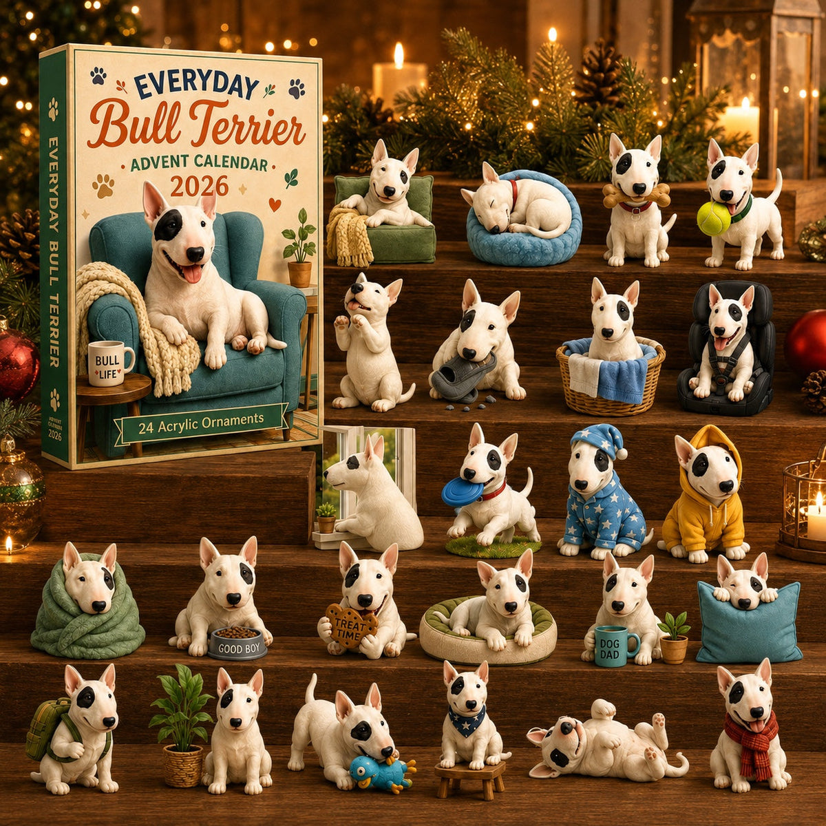 Bull Terrier Adventskalender 2026 - 24 Acryl Bull Terrier Ornamenten