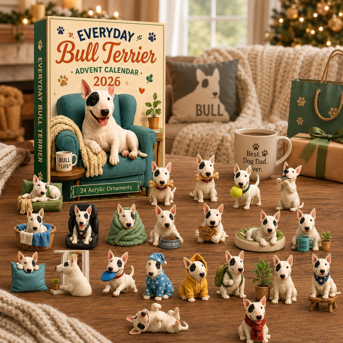 Bull Terrier Adventskalender 2026 - 24 Acryl Bull Terrier Ornamenten