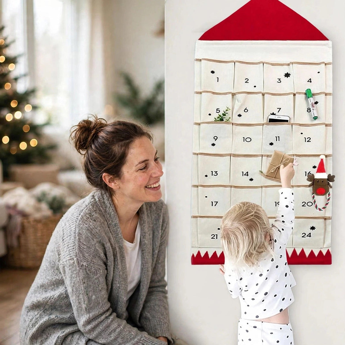 Canvas Huisje Adventskalender - Herbruikbare Hangkalender met 24 Vakjes
