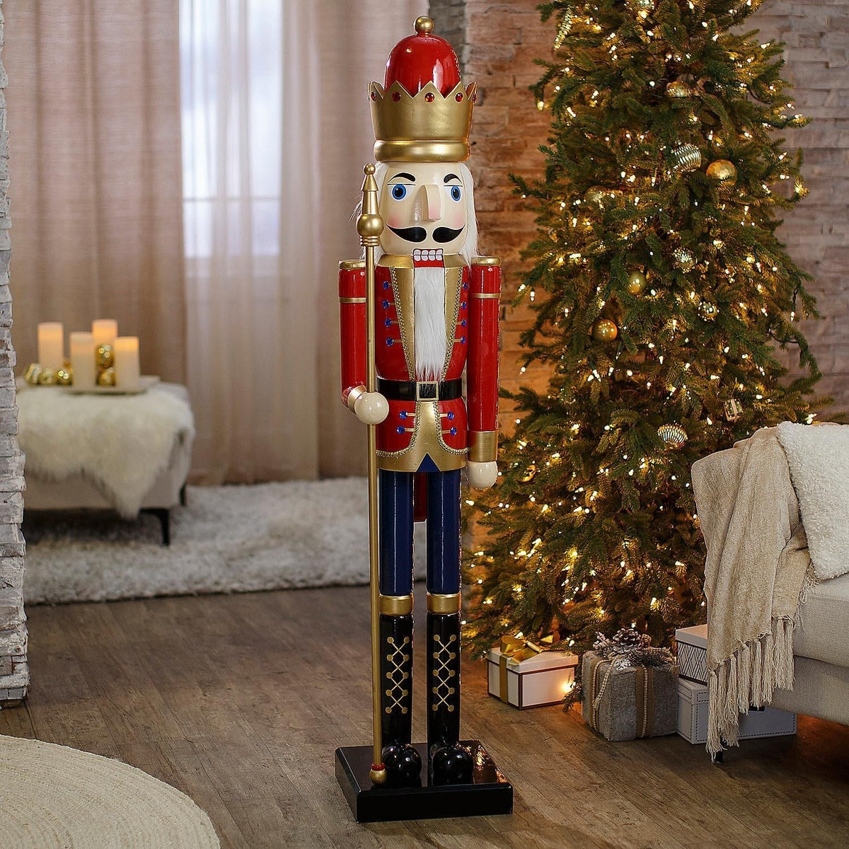 Grote Houten Notenkraker 90 cm met Scepter - Rode Notenkrakersoldaat
