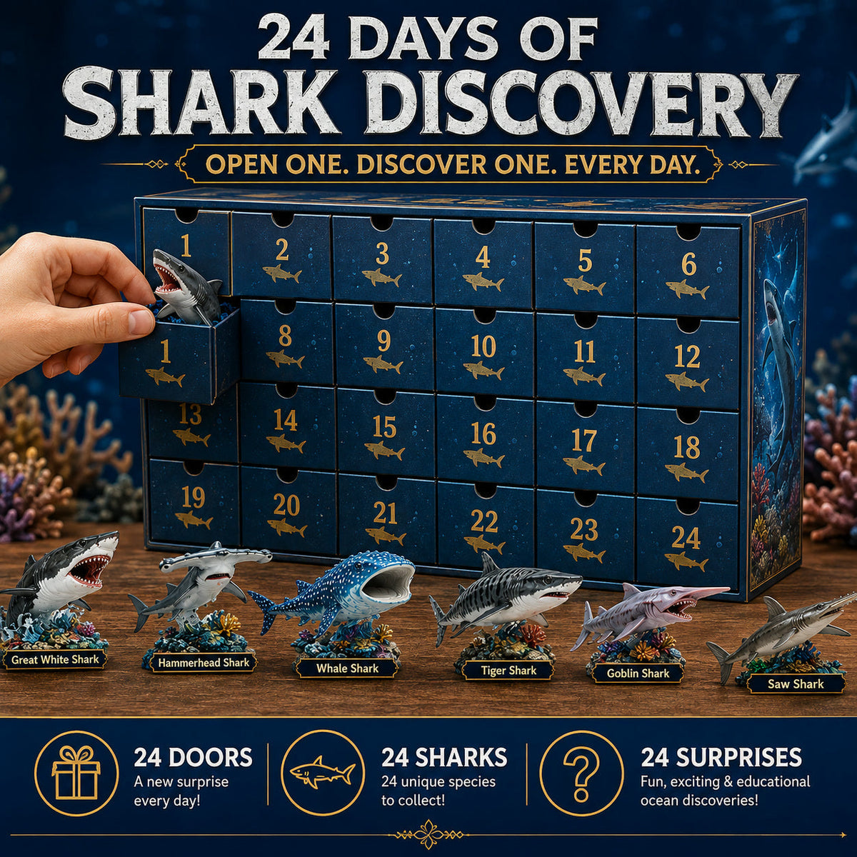 Haaienwereld Adventskalender 2026 - 24 Haaiensoorten