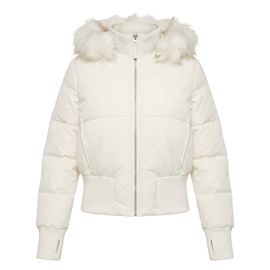 Witte korte pufferjas voor dames met capuchon en witte imitatiebontrand, vooraanzicht op witte achtergrond