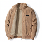 Kaki Carl corduroy bomberjas voor heren met crèmekleurige voering op een witte achtergrond