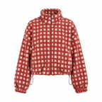 Terracotta en crèmekleurige geruite sherpa fleece jas voor dames, vooraanzicht op witte achtergrond