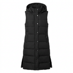 Zwarte lange gewatteerde bodywarmer voor dames met capuchon, vooraanzicht op witte achtergrond