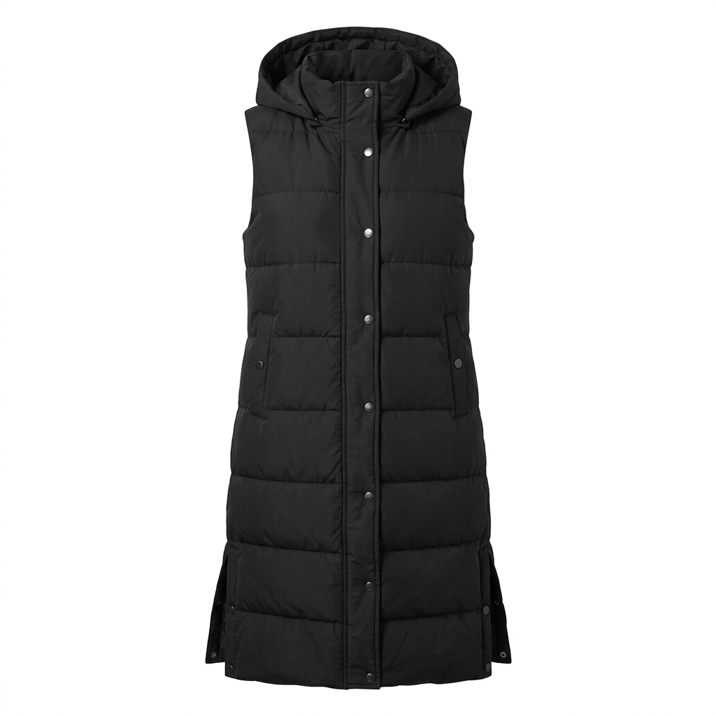 Zwarte lange gewatteerde bodywarmer voor dames met capuchon, vooraanzicht op witte achtergrond
