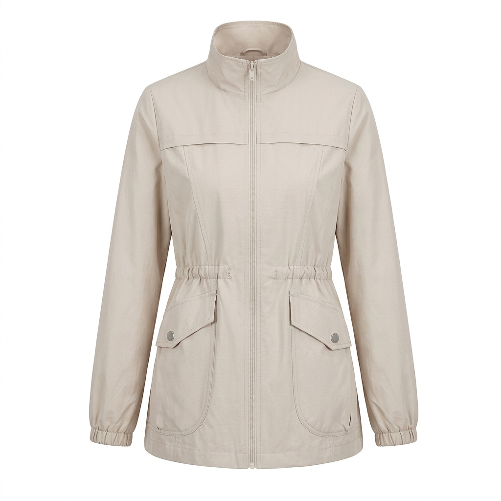 Beige lichtgewicht overgangsjas voor dames, vooraanzicht op witte achtergrond.