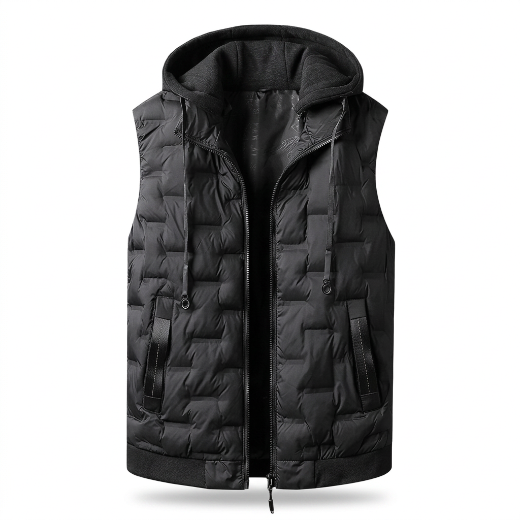 Zwarte Raphael gewatteerde heren bodywarmer met capuchon en ritssluiting, vooraanzicht op witte achtergrond.