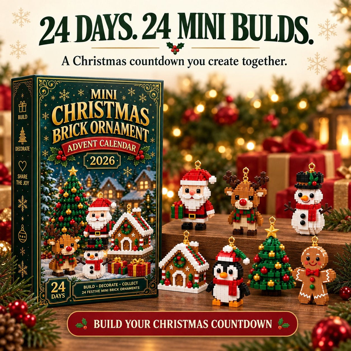 Kerst Bouwsteen Adventskalender 2026 - 24 Mini Bouwsteenornamenten