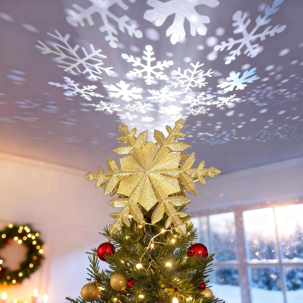 Kerstboompiek met Draaiende Sneeuwvlokprojector - Gouden Glitter Sneeuwvlok