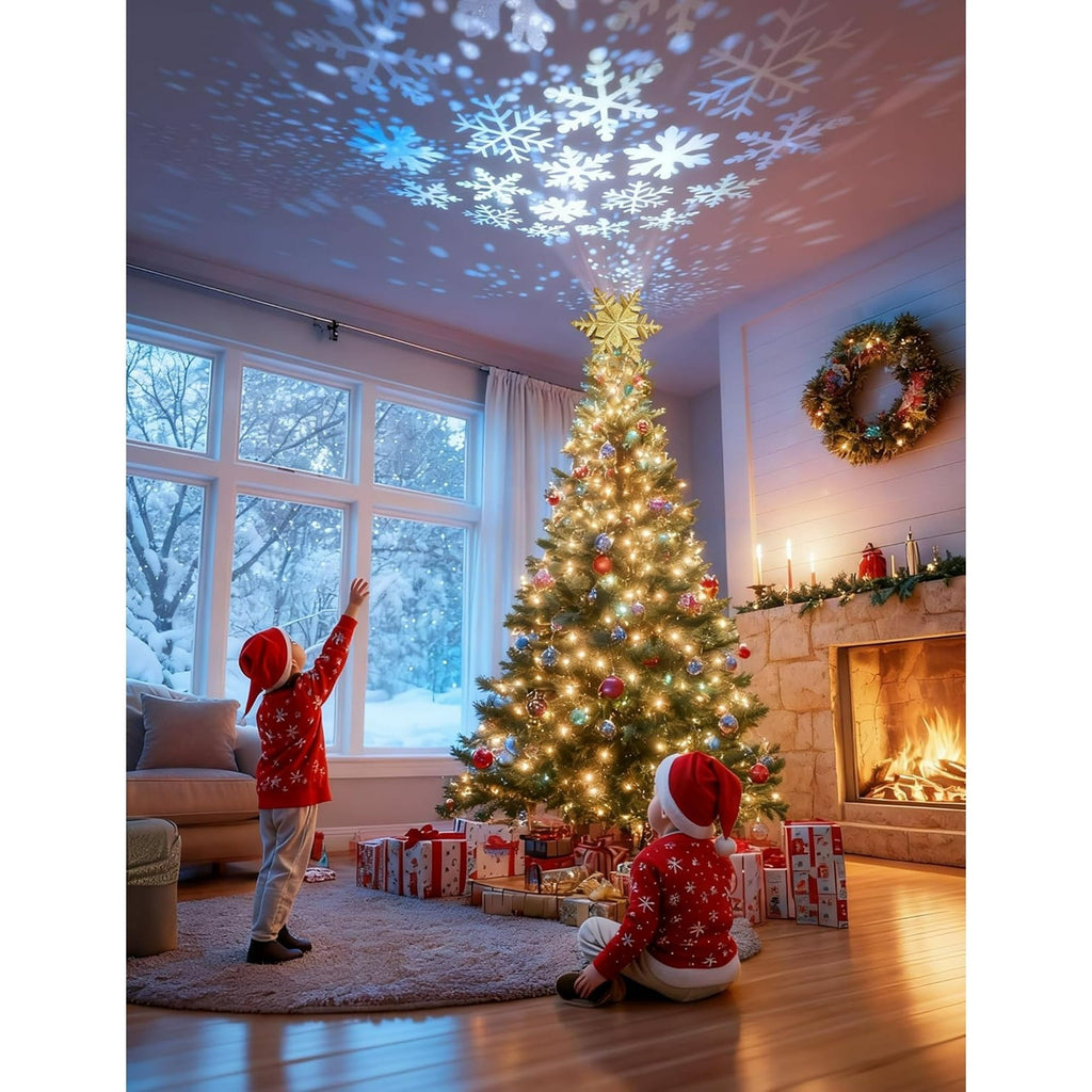 Kerstboompiek met Draaiende Sneeuwvlokprojector - Gouden Glitter Sneeuwvlok