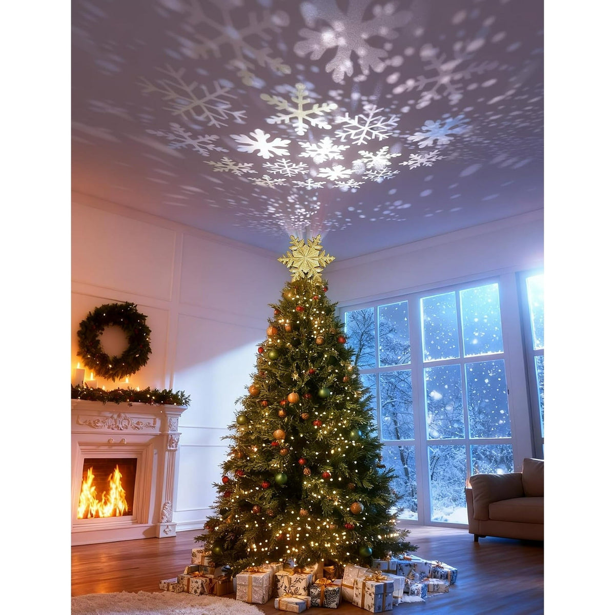 Kerstboompiek met Draaiende Sneeuwvlokprojector - Gouden Glitter Sneeuwvlok