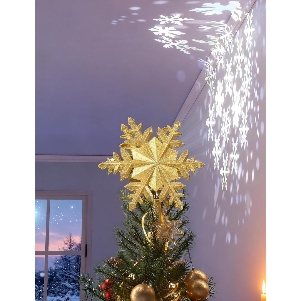 Kerstboompiek met Draaiende Sneeuwvlokprojector - Gouden Glitter Sneeuwvlok