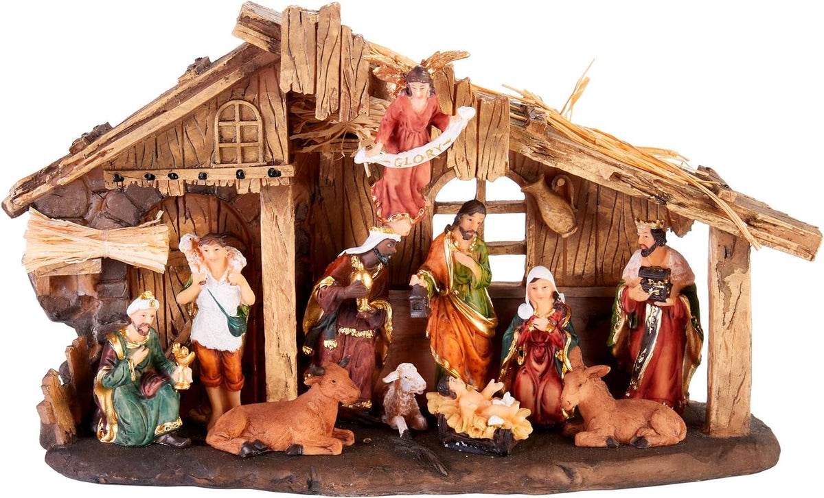 Kerststal met 11 Handbeschilderde Kerstbeelden van Resin