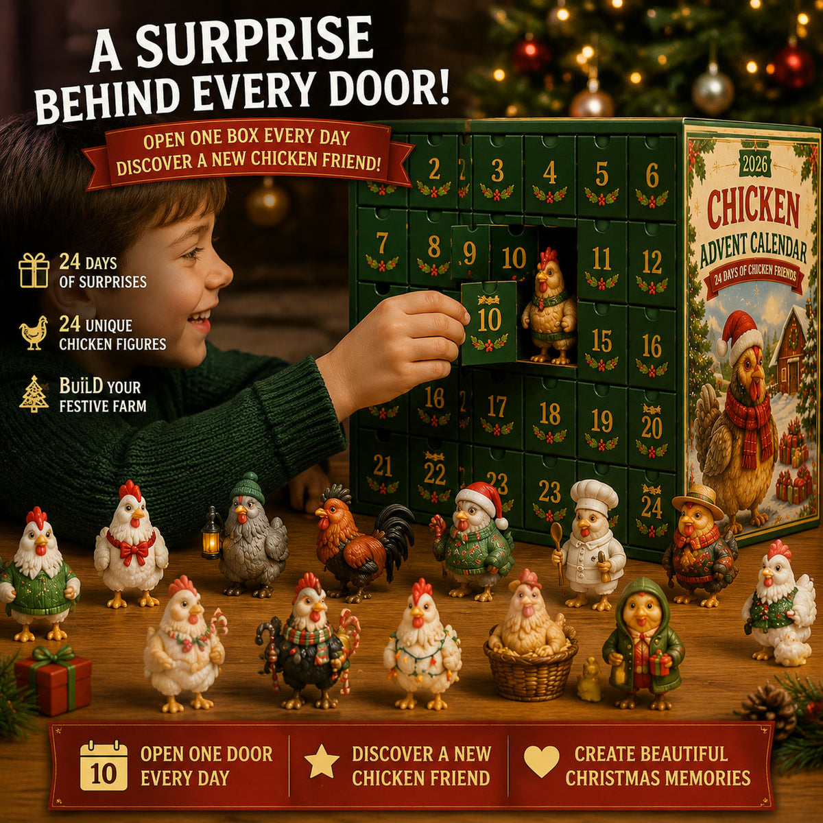 Kippen Adventskalender 2026 - 24 Kerstkippen Figuurtjes