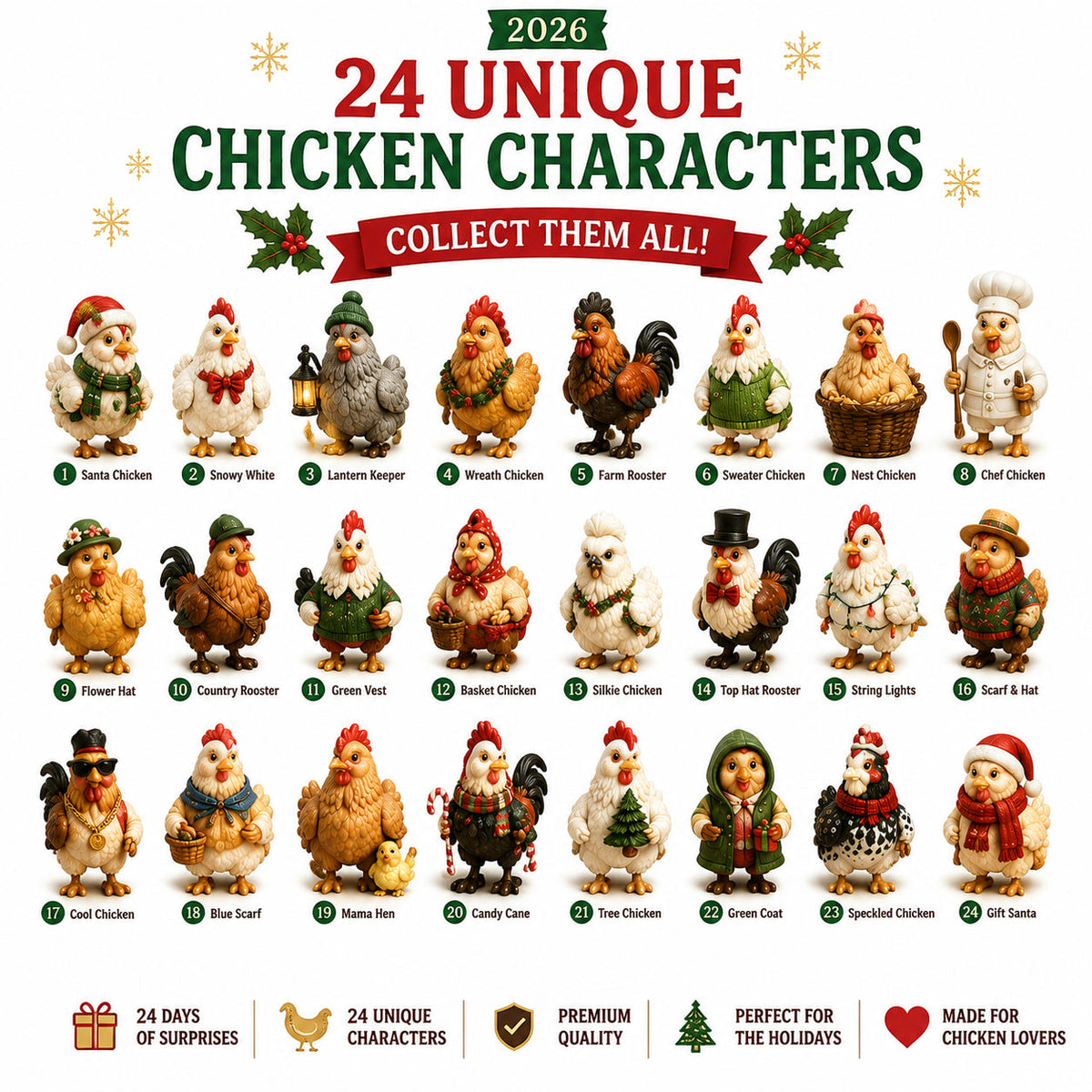 Kippen Adventskalender 2026 - 24 Kerstkippen Figuurtjes
