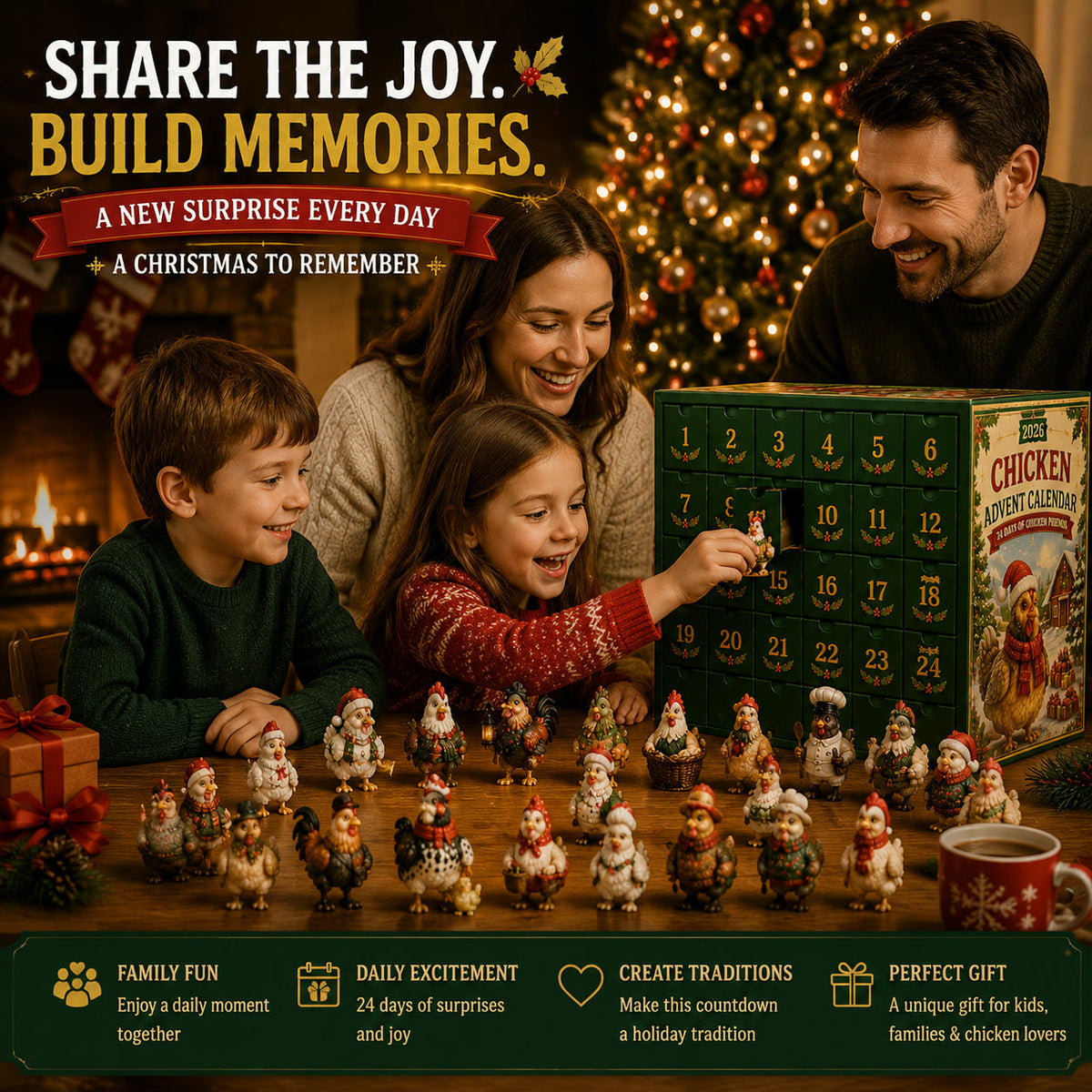 Kippen Adventskalender 2026 - 24 Kerstkippen Figuurtjes