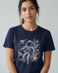 Model draagt Kosmische Drift T-shirt, vooraanzicht