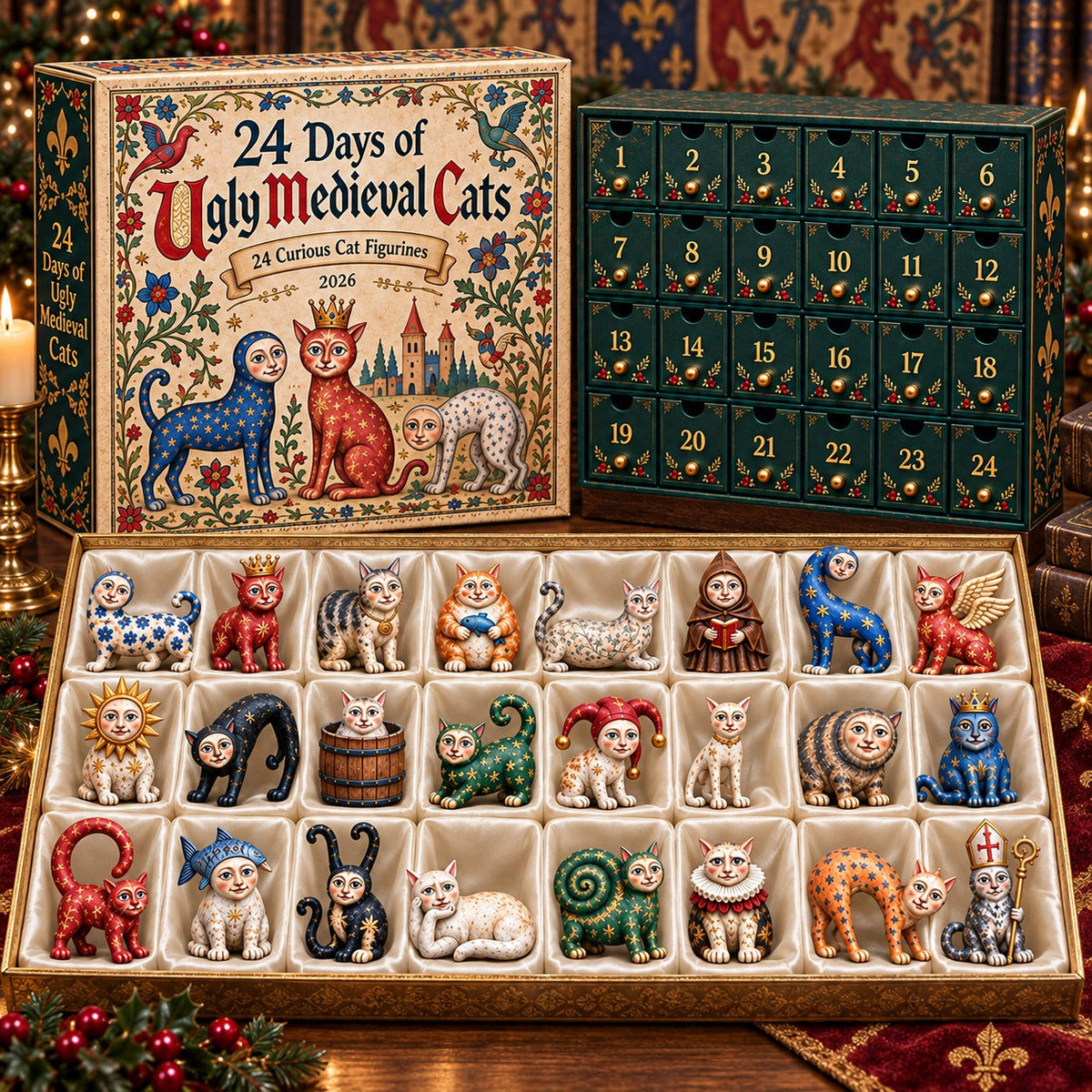 Middeleeuwse Katten Adventskalender 2026 - 24 Wonderlijke Kattenornamenten