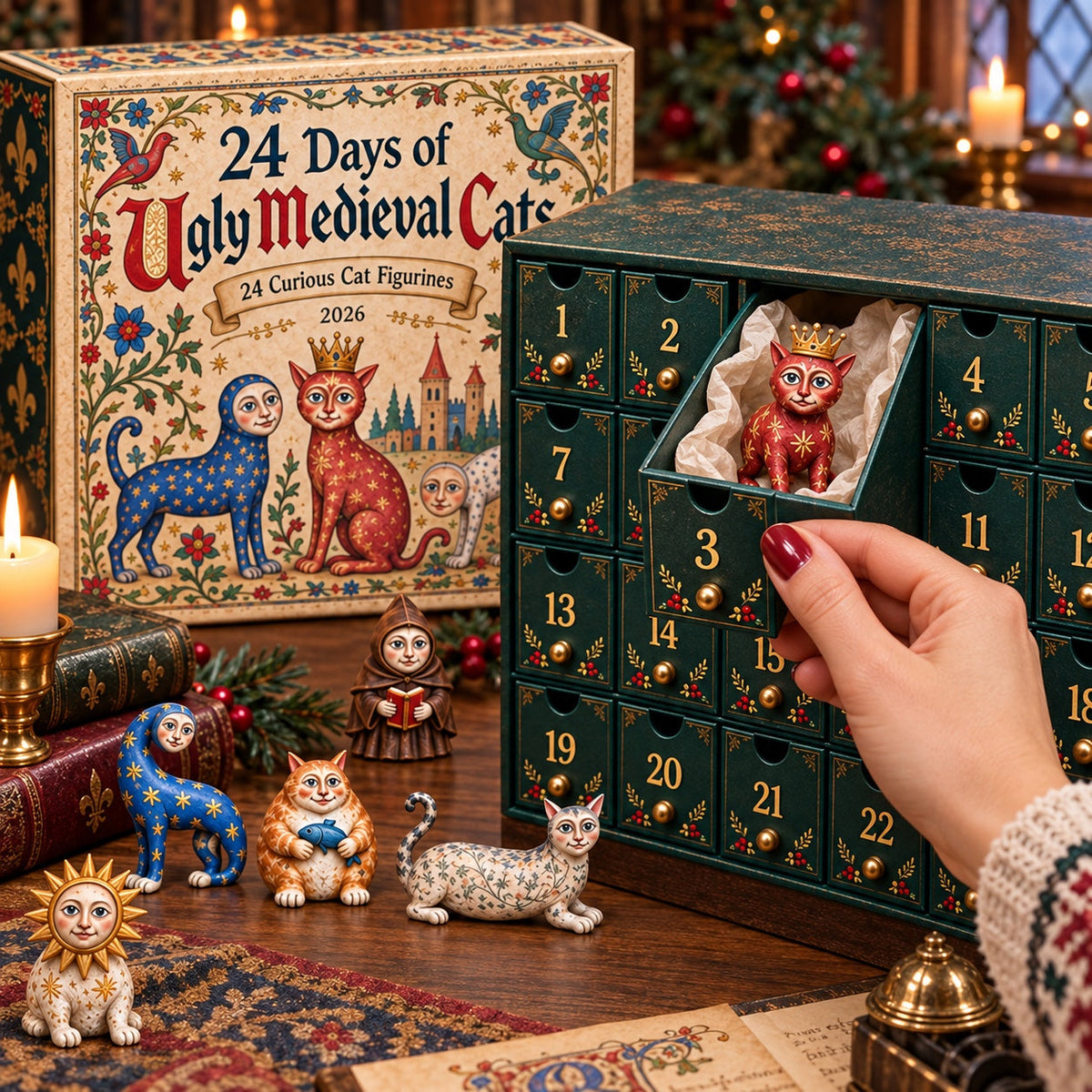 Middeleeuwse Katten Adventskalender 2026 - 24 Wonderlijke Kattenornamenten