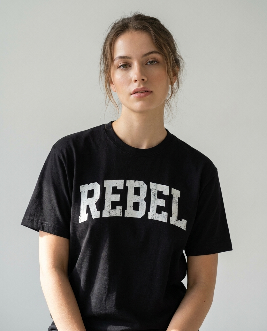 Model draagt Middernacht Rebel T-shirt, vooraanzicht