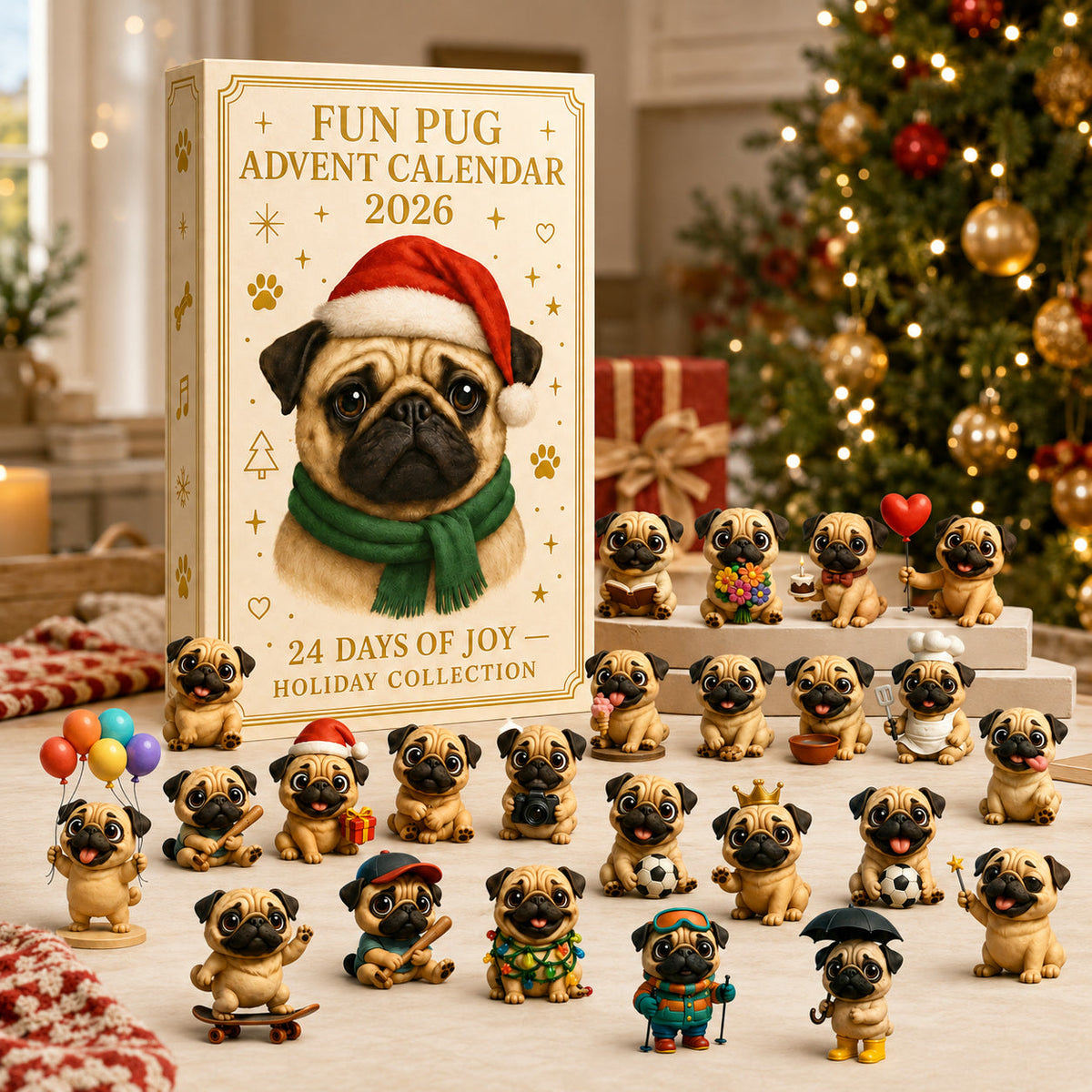 Mopshond Adventskalender 2026 - 24 Mopshondfiguurtjes