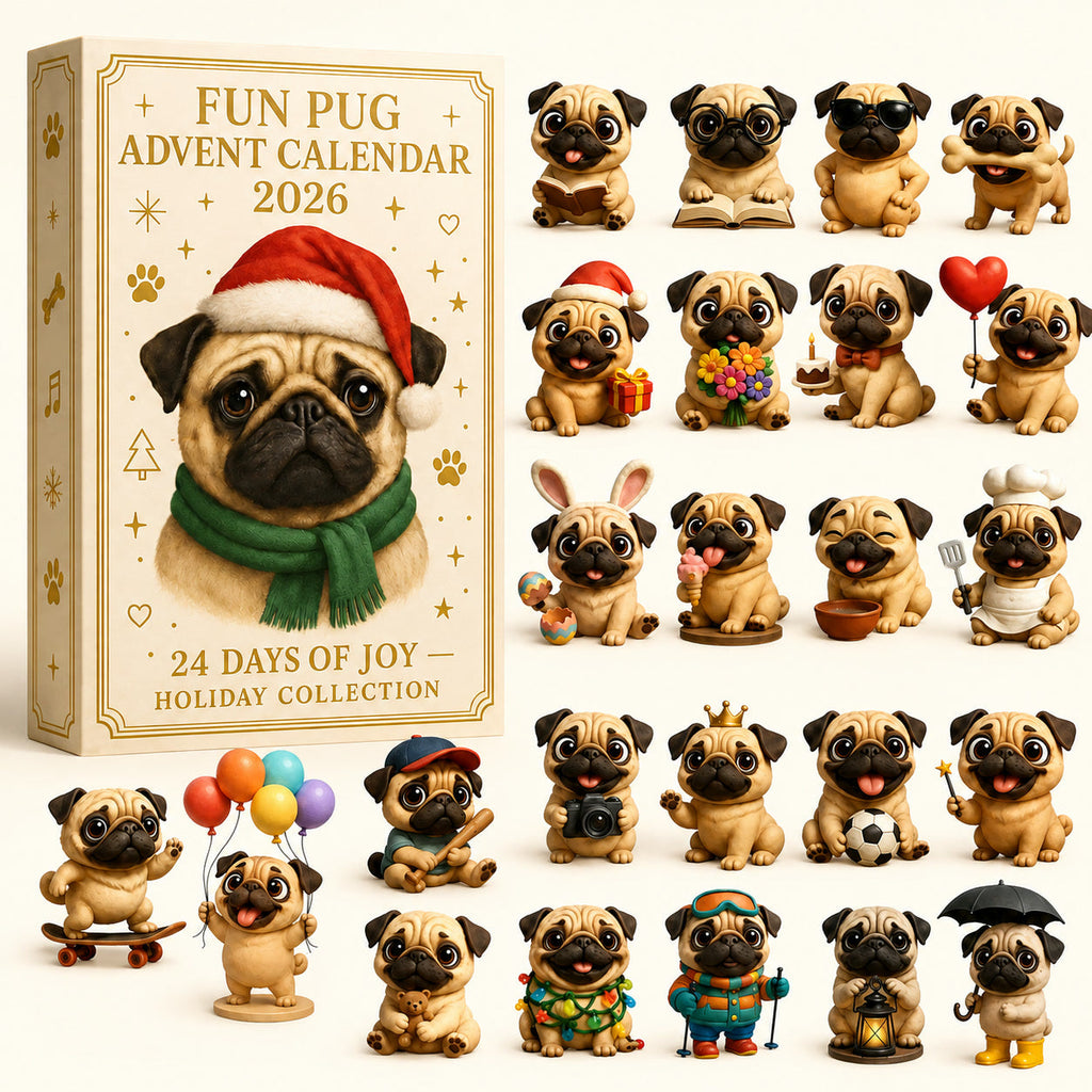 Mopshond Adventskalender 2026 - 24 Mopshondfiguurtjes