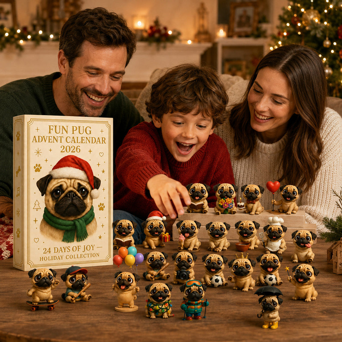 Mopshond Adventskalender 2026 - 24 Mopshondfiguurtjes