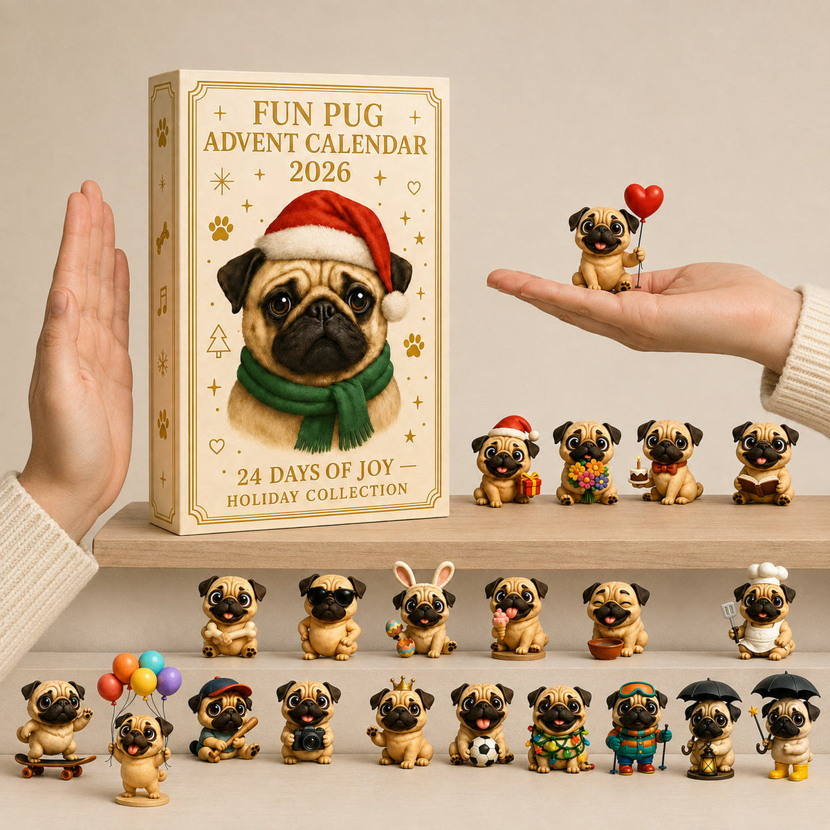 Mopshond Adventskalender 2026 - 24 Mopshondfiguurtjes