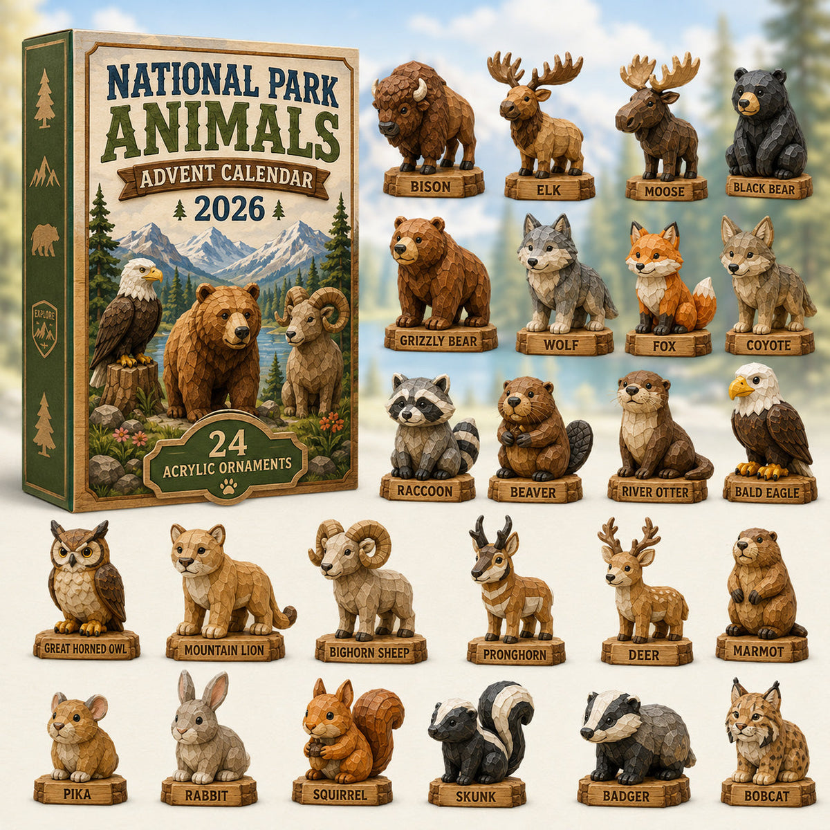 Nationale Parkdieren Adventskalender 2026 - 24 Acryl Dierenhangers