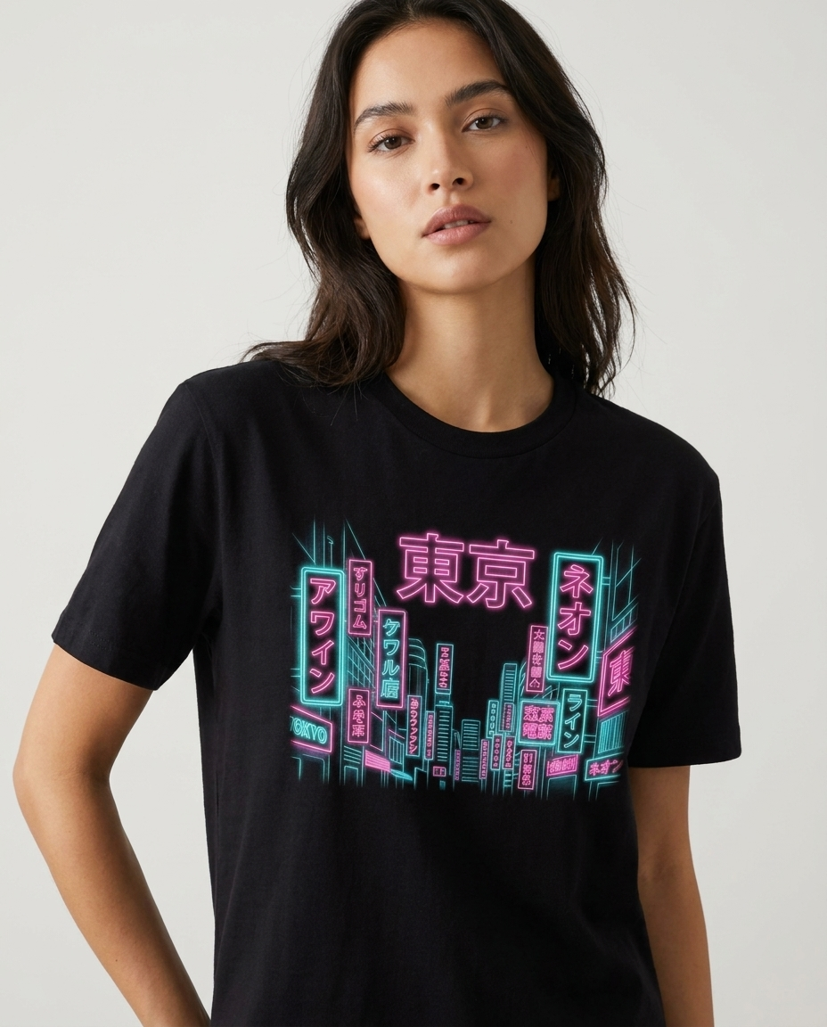 Model draagt Neon Tokio T-shirt, vooraanzicht