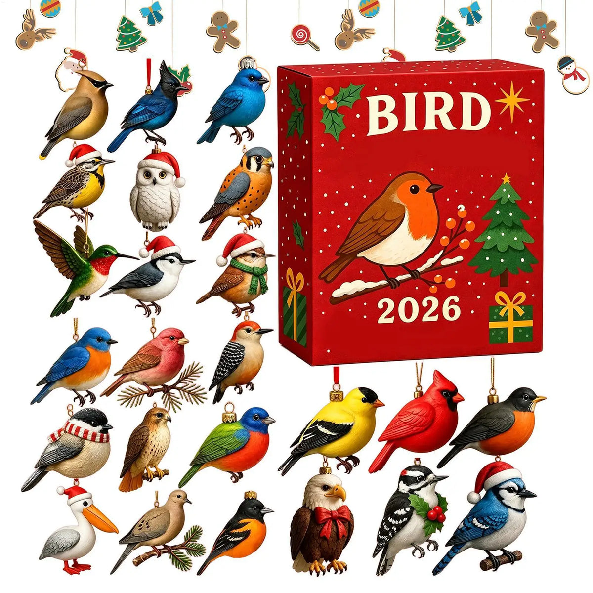 Kerst-vogelkalender voor 24 dagen, adventskalender met vogelmotieven, feestelijke kerstdecoratie
