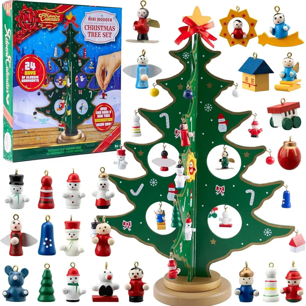 Adventskalender met houten kerstboom en 28 ornamenten, sneeuwpop- en kerstmandecoraties