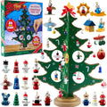 Adventskalender met houten kerstboom en 28 ornamenten, sneeuwpop- en kerstmandecoraties