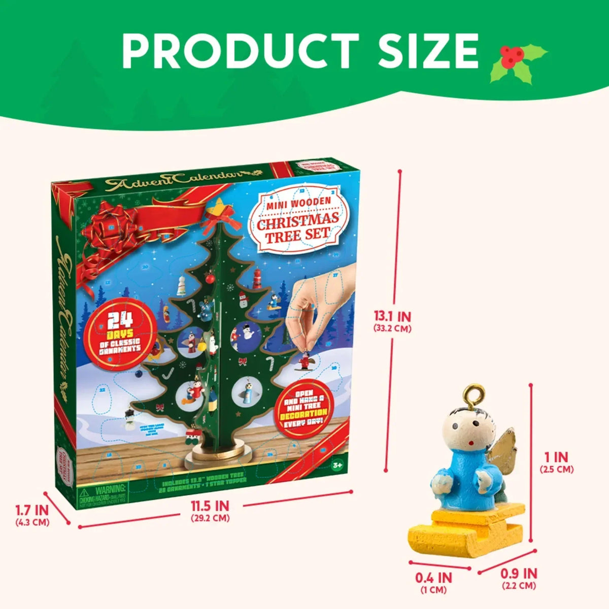 Adventskalender met houten kerstboom en 28 ornamenten, sneeuwpop- en kerstmandecoraties 2