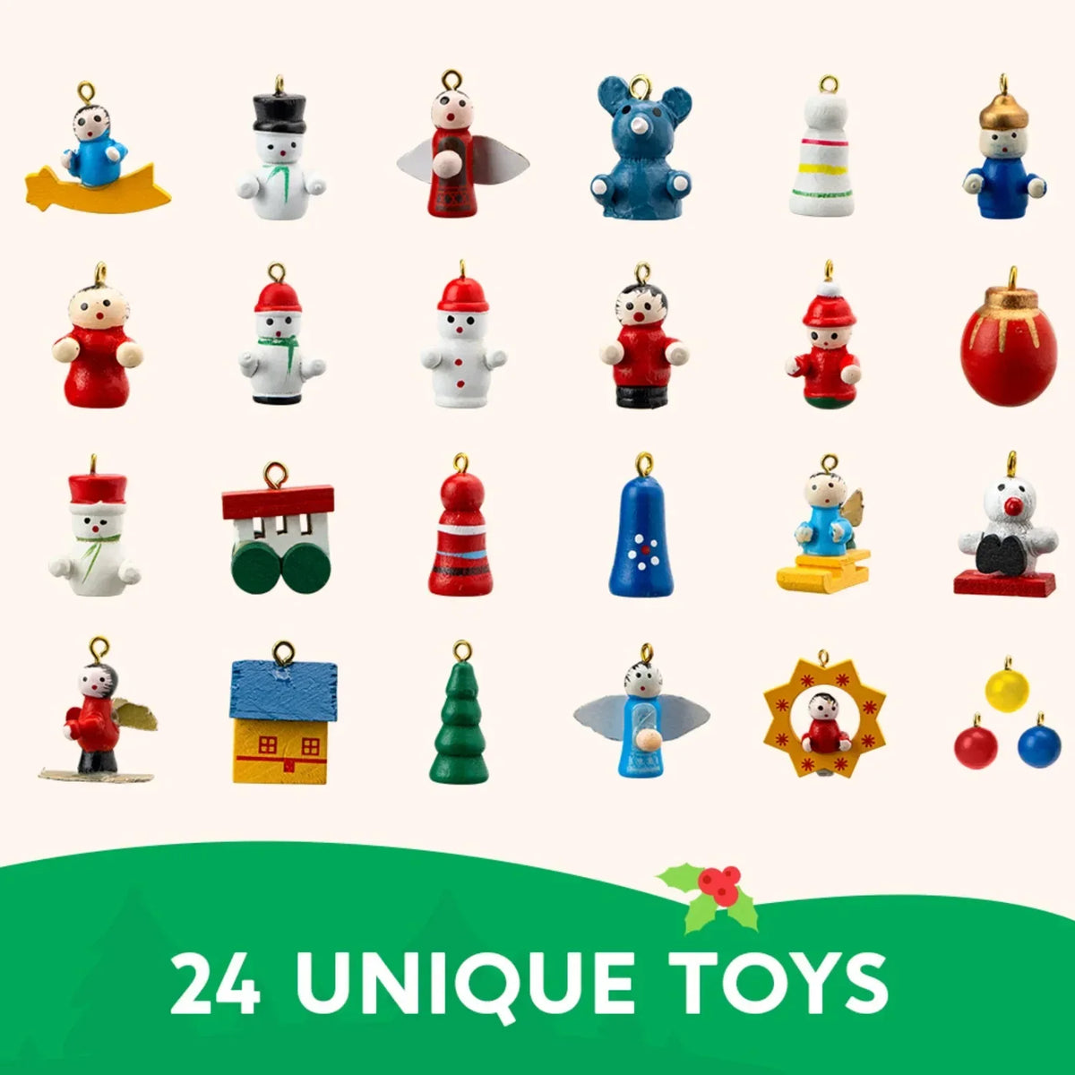 Adventskalender met houten kerstboom en 28 ornamenten, sneeuwpop- en kerstmandecoraties 3