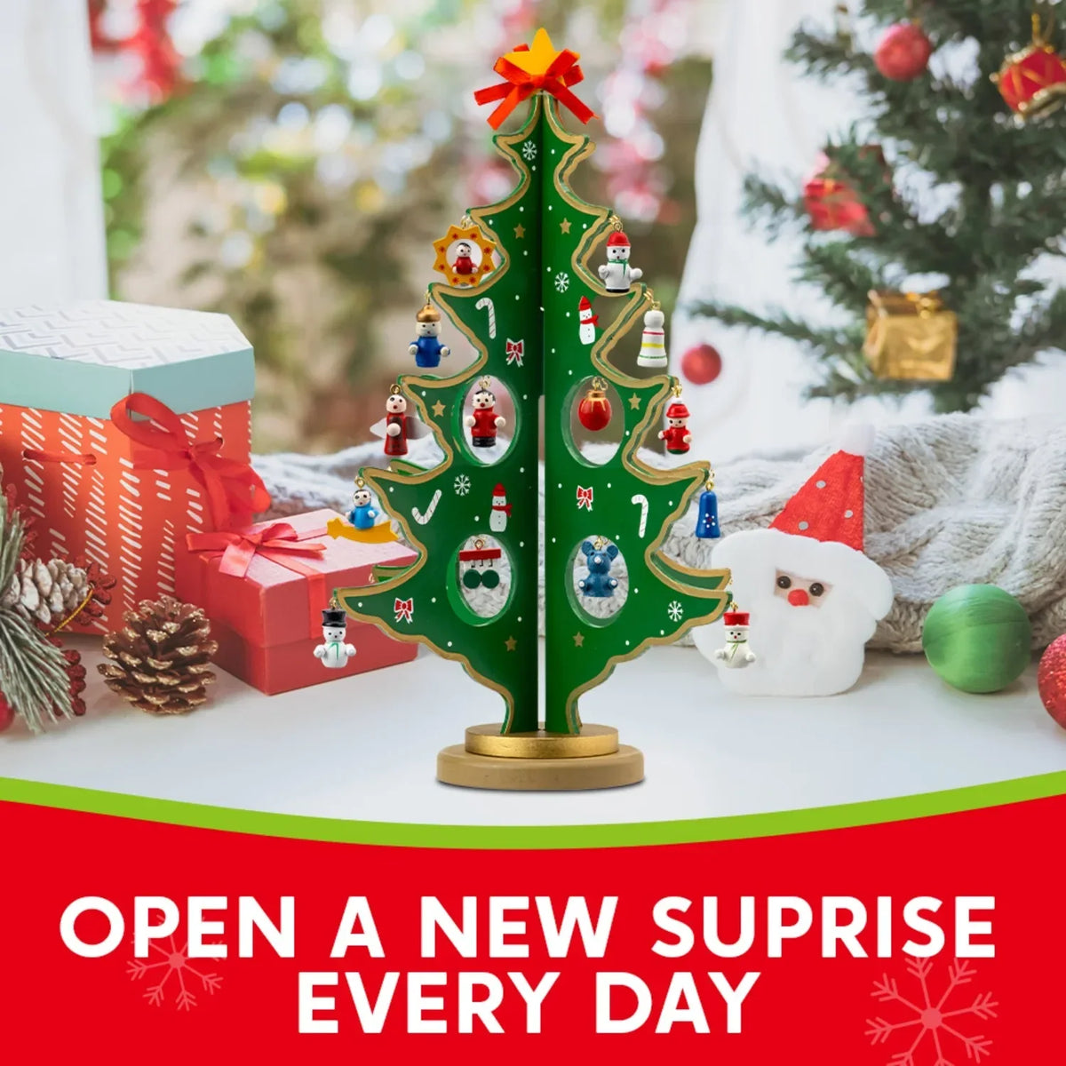 Adventskalender met houten kerstboom en 28 ornamenten, sneeuwpop- en kerstmandecoraties 4