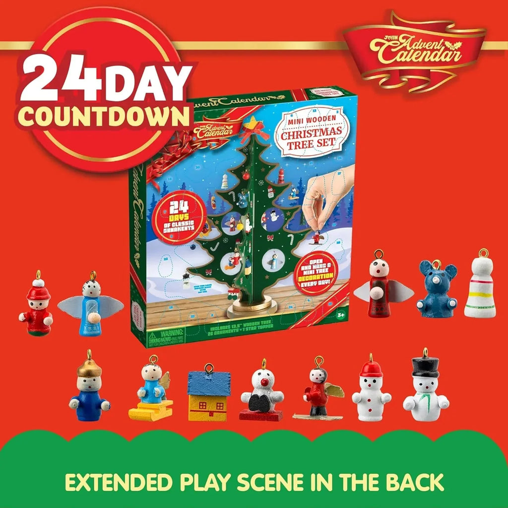 Adventskalender met houten kerstboom en 28 ornamenten, sneeuwpop- en kerstmandecoraties 5