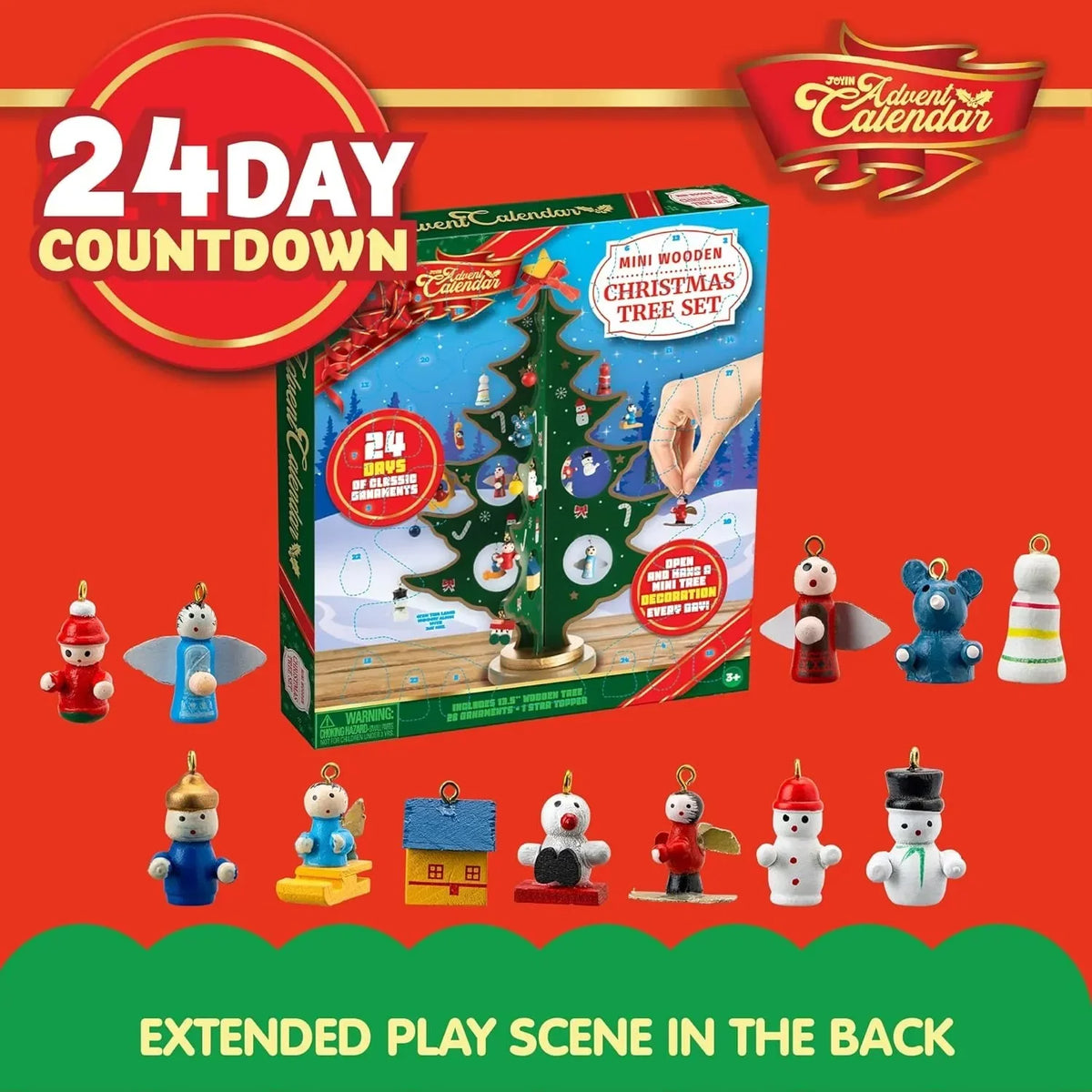 Adventskalender met houten kerstboom en 28 ornamenten, sneeuwpop- en kerstmandecoraties 5