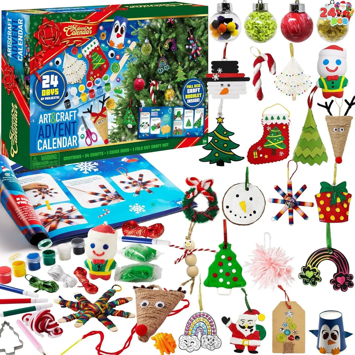 Knutsel-adventskalender 2026 met scharen, lijm, keycords, verf en aquarelpotloden voor kinderen