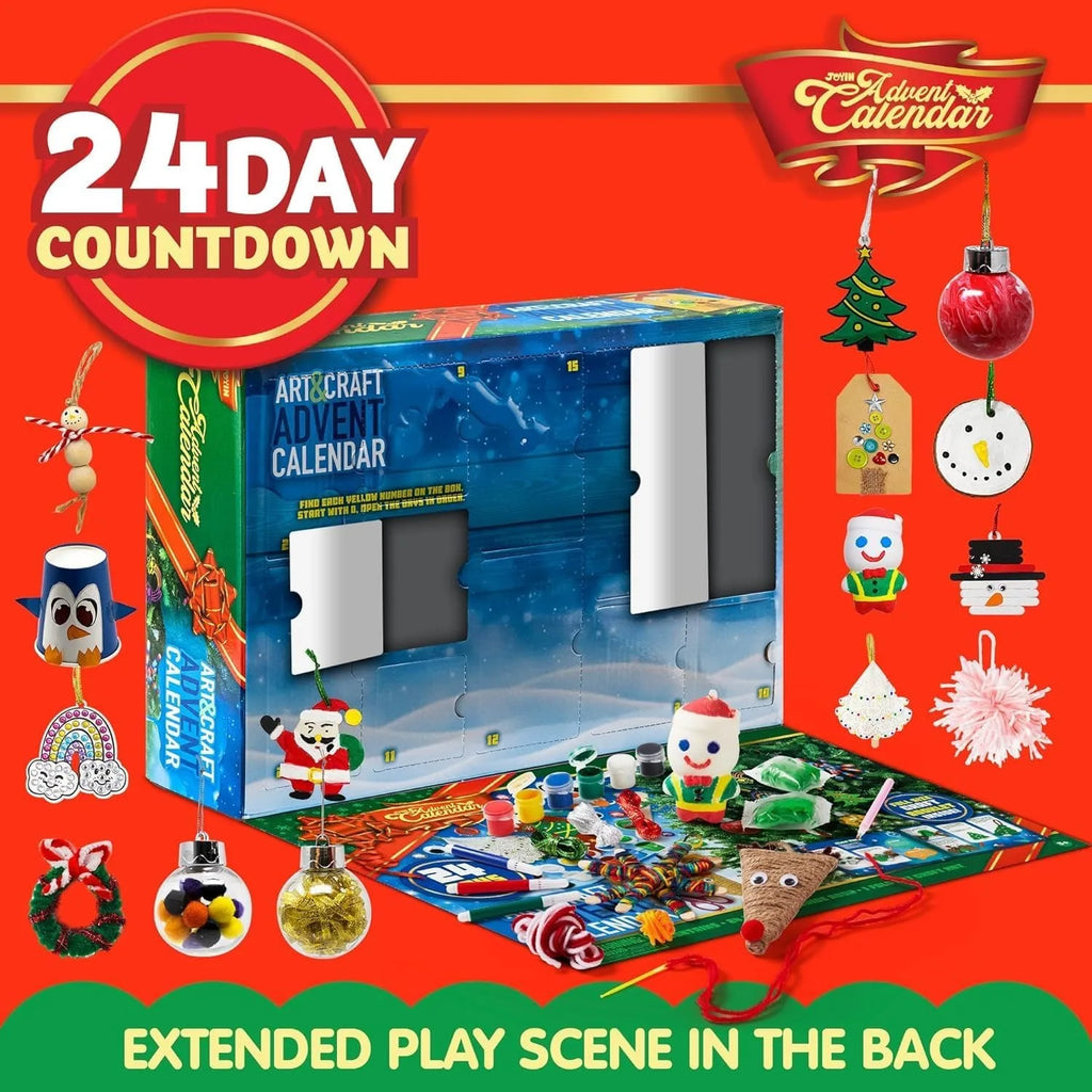 Knutsel-adventskalender 2026 met scharen, lijm, keycords, verf en aquarelpotloden voor kinderen 6