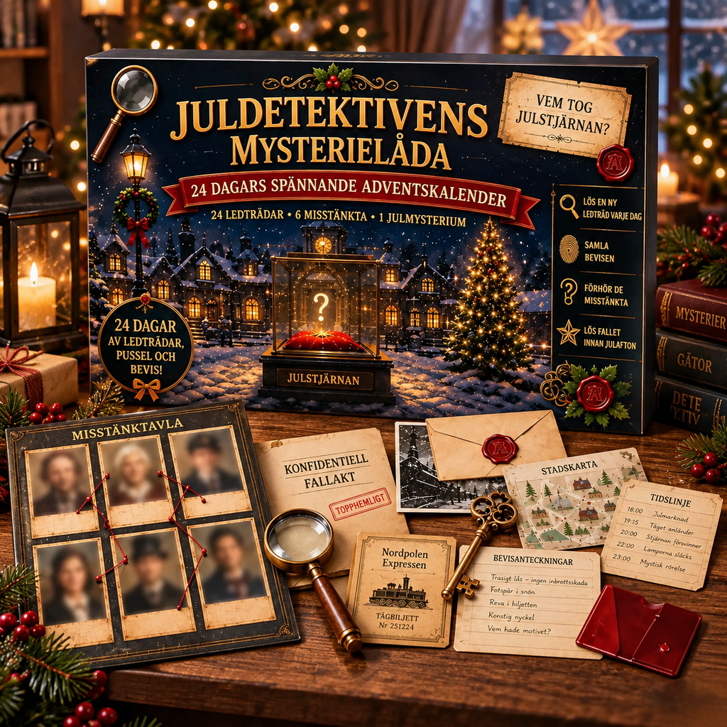 Detective-adventskalender met 24 dagen mysterieraadsels en dagelijkse aanwijzingen